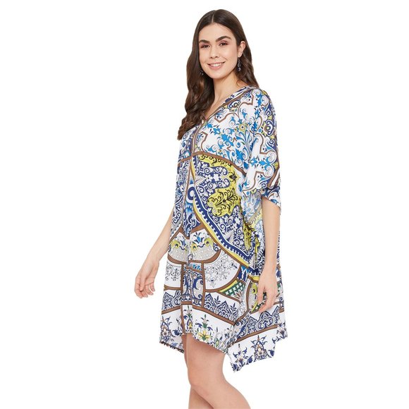 Floral Printed Navy Blue Polyester Short Caftan Dress for Women by Gypsie Blu - Picture 6 of 9